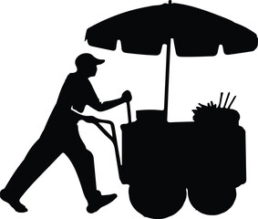 A silhouette of a street vendor walking with his pushcart in an alley, vending food. The image has a monochrome black-and-white color palette.