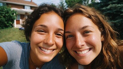 Fototapeta premium Two smiling women posing for a selfie.