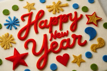 Happy new year cake with colorful stars and heart shapes