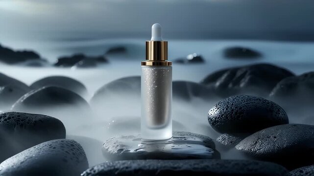cosmetic serum bottle standing upright on smooth black volcanic rocks with a smoke effect
