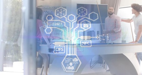 man lining cue shot at pool table, activating hexagon icon while friends joining technology demo - Powered by Adobe