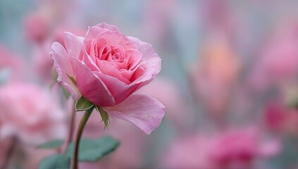 Obraz premium Pink rose bloom close up with blurred background and soft colors