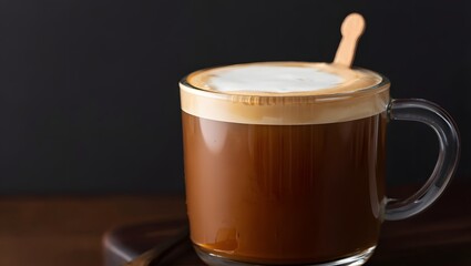 Hot coffee with foam in a glass mug on wooden table