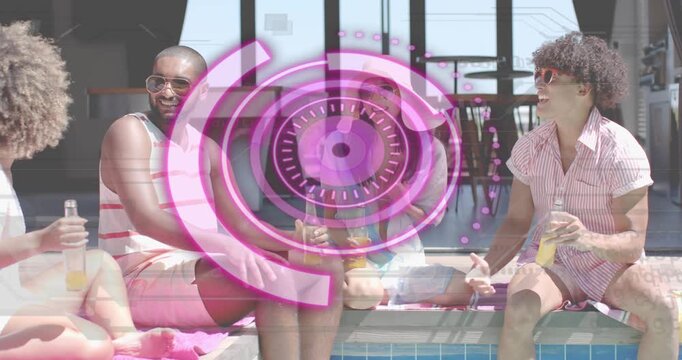 Friend lifting bottle sparking drink icons at poolside while others grabbing it laughing marketing