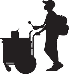 A black silhouette of a street vendor in an alley, complete with cart, food, and a distinctive uniform.