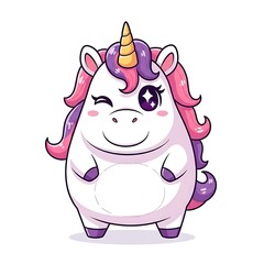 Fototapeta premium Chubby Unicorn Cartoon Winking with Starry Eye Expressing Happiness and Cheerfulness in Adorable Animal Character Design for Children
