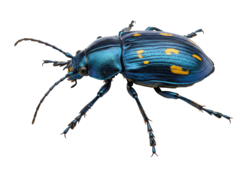 Blue beetle with yellow spots isolated on transparent background, colorful insect with iridescent shell for entomology and nature studies