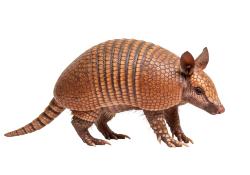 Nine-banded armadillo isolated on transparent background, a mammal with bony armor and a long tail, for wildlife and nature designs