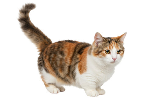 Calico Munchkin cat isolated on transparent background, short legged feline with orange and black markings for pet adoption - Powered by Adobe