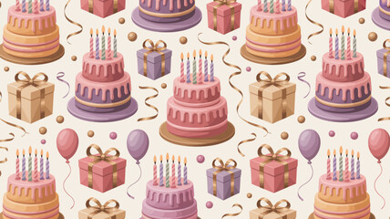 A seamless pattern of birthday cakes presents balloons and confetti on a light beige background