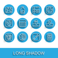 Set line Gem stone, Earth core structure crust, Topographic map, Paint brush, Seismograph, Ground, Oilfield and Earthquake icon. Vector