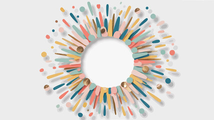Colorful paper confetti circle with gold accents on a white background for festive occasions