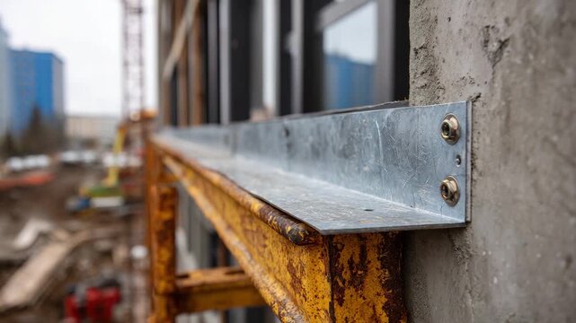 A detailed view of a rusty metal shelf used in construction, highlighting the textures of the metals and the transient beauty found in industrial environments and materials.