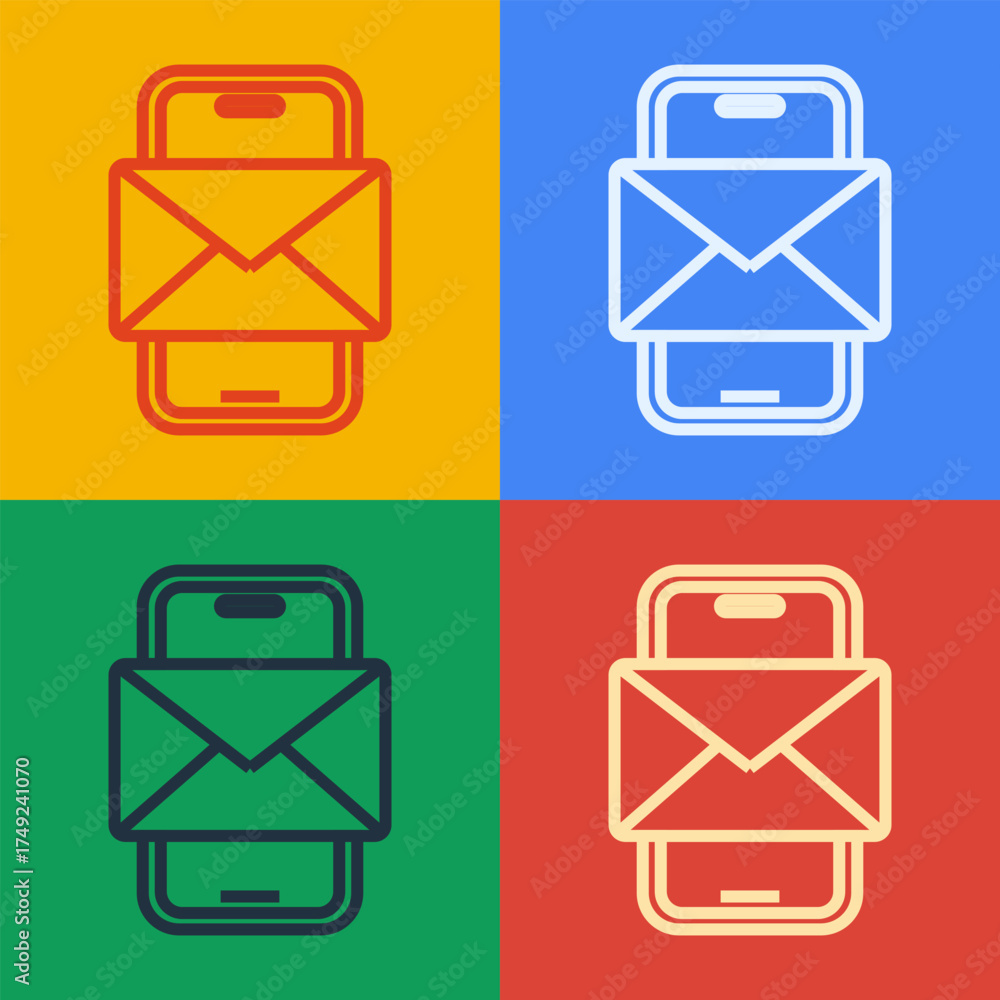 Wall mural pop art line mobile and envelope, new message, mail icon isolated on color background. usage for e-m