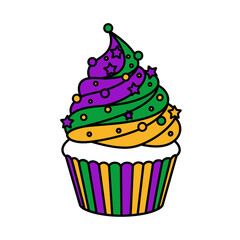 Mardi Gras cupcake with colored frosting and beads isolated on white
