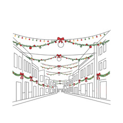 Street decorated with christmas lights – isolated on white