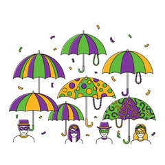 Colorful umbrella parade at Mardi Gras isolated on white