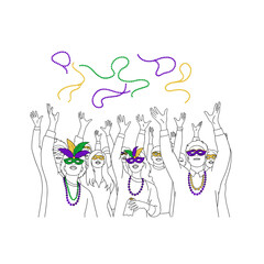 Crowd throwing beads at Mardi Gras parade isolated on white