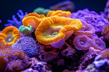 Obraz premium Generative AI closeup of vivid coral reef formation featuring colorful soft coral growth in a tropical underwater marine ecosystem