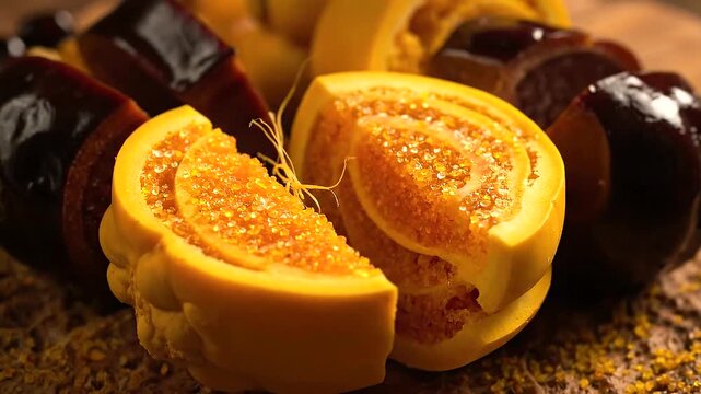 Exotic Lulo Fruit Sliced Open Revealing Juicy Pulp and Seeds.