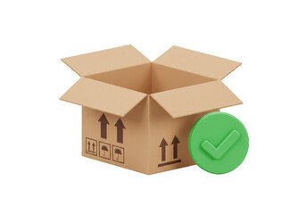 Open cardboard box with green check mark isolated on transparent background, delivery confirmation PNG for shipping and logistics