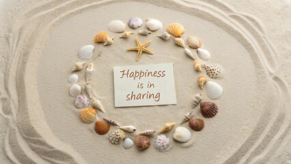 A circle of seashells with sand displaying a sharing message