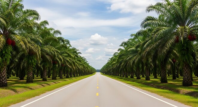 Road Through Palm Tree Plantation - A Tropical Journey.