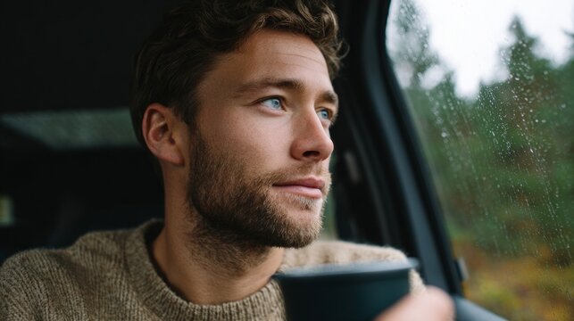 Man sitting in car with beard, looking out window during rainy day.