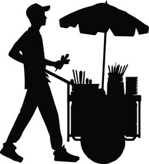 Silhouette of a street vendor pushing a cart down an alley. The cart has an umbrella and containers of food or drinks.
