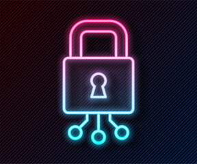 Glowing neon line Cyber security icon isolated on black background. Closed padlock on digital circuit board. Safety concept. Digital data protection. Vector