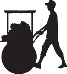 Silhouette of a street vendor pushing a cart filled with goods through an alleyway.