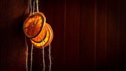 Dried orange slices hanging on a string in warm light