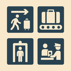 Airport wayfinding icons for arrivals baggage screening and passport control