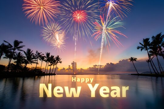 Colorful new year fireworks over tropical waterfront scene