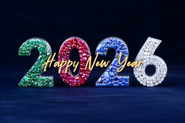 Happy new year 2026 with colorful gemstone numbers