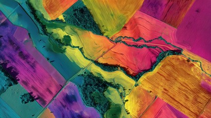Aerial abstract patchwork fields — vibrant orange, blue & purple for presentation backgrounds, posters and wallpapers