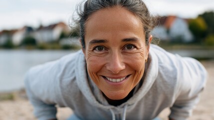 Woman leaning forward at beach.