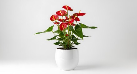 Vibrant Red Anthurium Plant in White Pot on White Background.