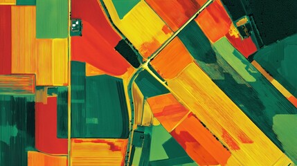 Aerial abstract patchwork fields — vibrant orange, blue & purple for presentation backgrounds, posters and wallpapers