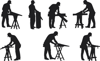 Obraz premium Carpenter silhouettes working with tools at bench, measuring, sawing, sanding, woodworking activities, construction labor, handyman craft vector illustration