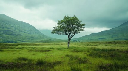 Solitary tree in a grassy valley, mountains in the background.  Misty, tranquil landscape