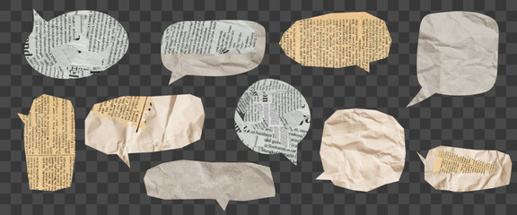 A set of textured paper speech bubbles isolated on transparent background. Vintage dialogue elements made from old crumpled newspaper. for collage art, scrapbooking, comics, retro design