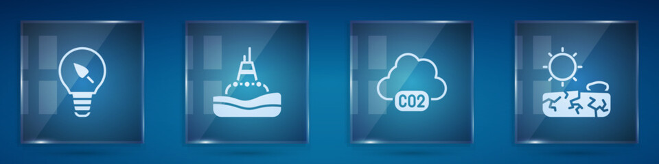 Set Light bulb with leaf, Floating buoy on the sea, CO2 emissions cloud and Drought. Square glass panels. Vector