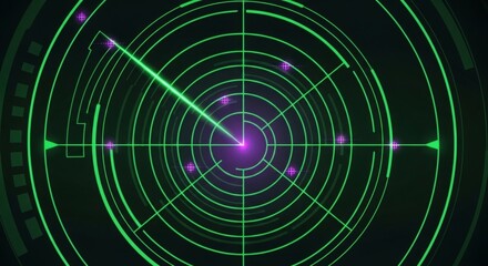 Futuristic green radar screen searching for targets with glowing scanline and purple markers, ideal for technology and security themes