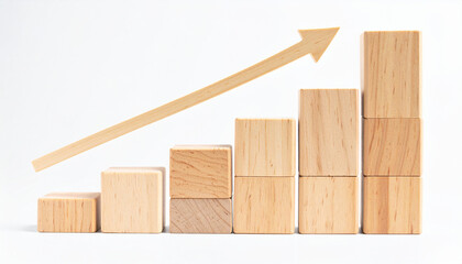 Wooden bar chart with upward arrow, clean white background, business growth and progress.