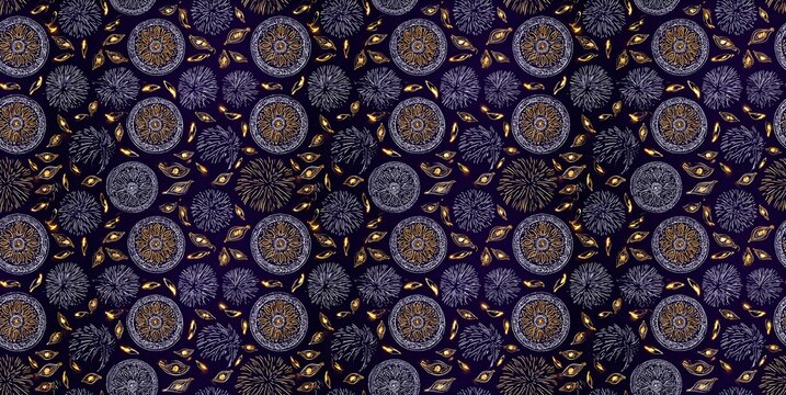 Festive seamless pattern featuring diyas, rangoli, and fireworks on a rich dark background, celebrating Diwali's elegance and vibrancy