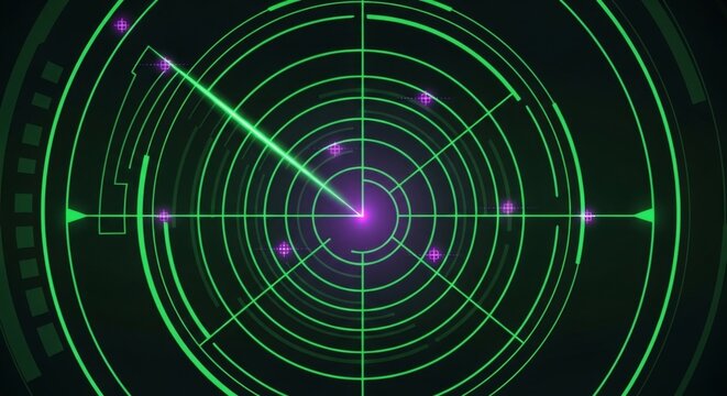 Futuristic green radar screen searching for targets with glowing scanline and purple markers, ideal for technology and security themes