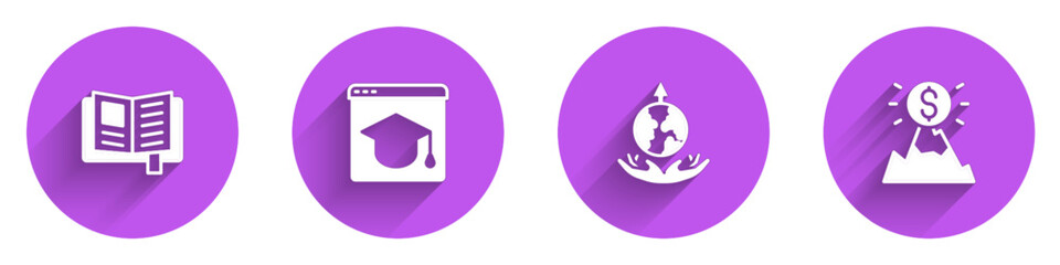 Set Reading book, Online education, World expansion and Mountains with flag icon with long shadow. Vector