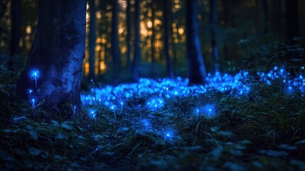 Mystical forest floor glows with bioluminescent flora