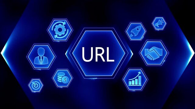 Digital U R L concept with glowing neon icons representing business growth strategy marketing finance and success on a dark blue abstract background